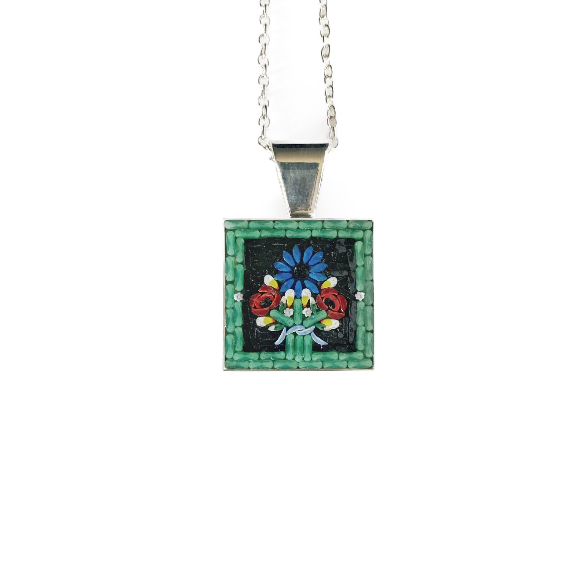 Jade Green and Black Floral Bouquet - Glass Micromosaic Pendant